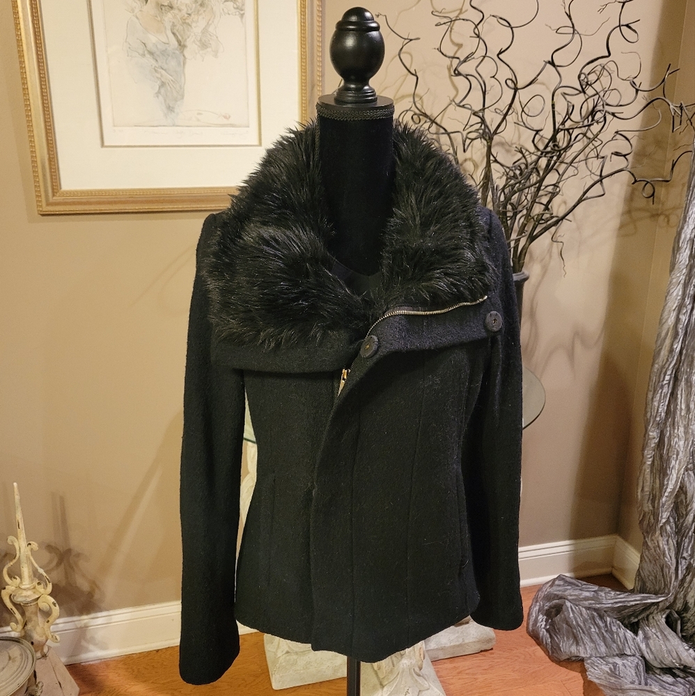 Bebe Wool Blend Faux Fur Collar Pea Coat Designer Warm Winter